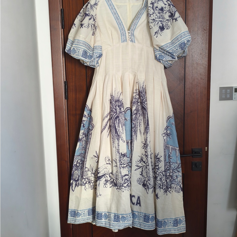 Alemais Cream and Blue Botanical Print Puff-Sleeve Midi Dress